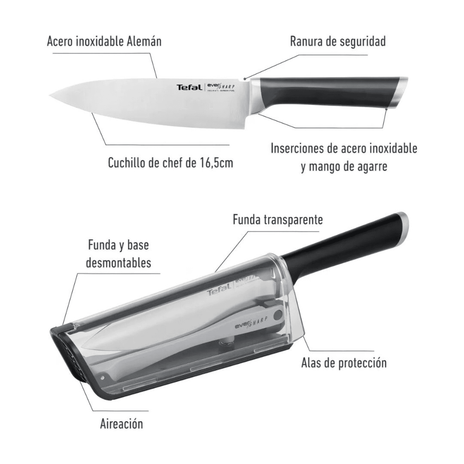 Esquema del cuchillo Tefal Eversharp con hoja de 16,5 cm y funda desmontable