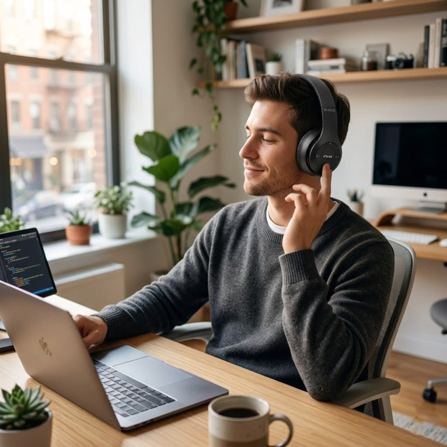 Persona usando los auriculares Klasse KS2300 mientras trabaja