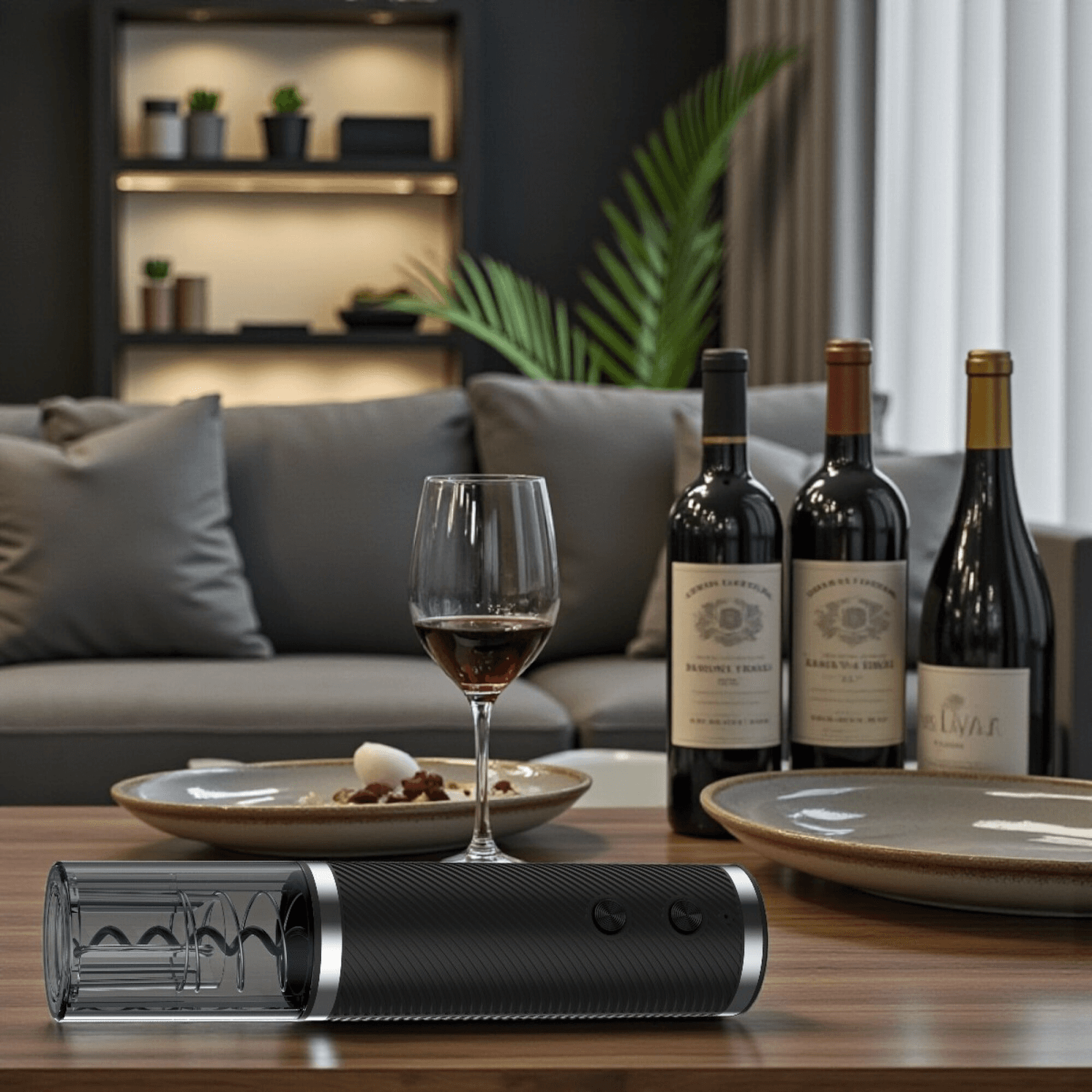 Destapador Klasse KS2800 junto a botellas y copa de vino