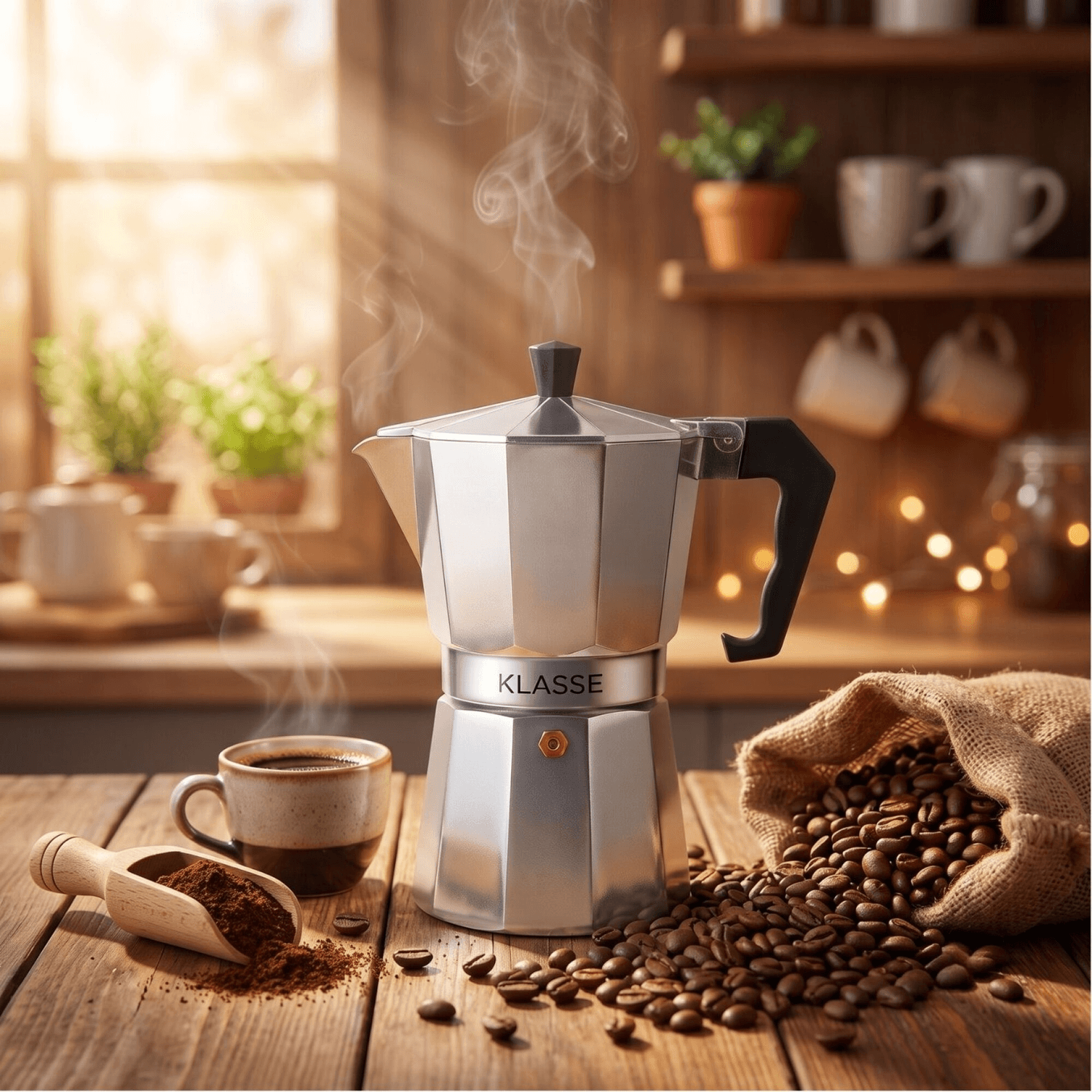 Cafetera italiana Klasse KS3702 con granos de café y cuchara