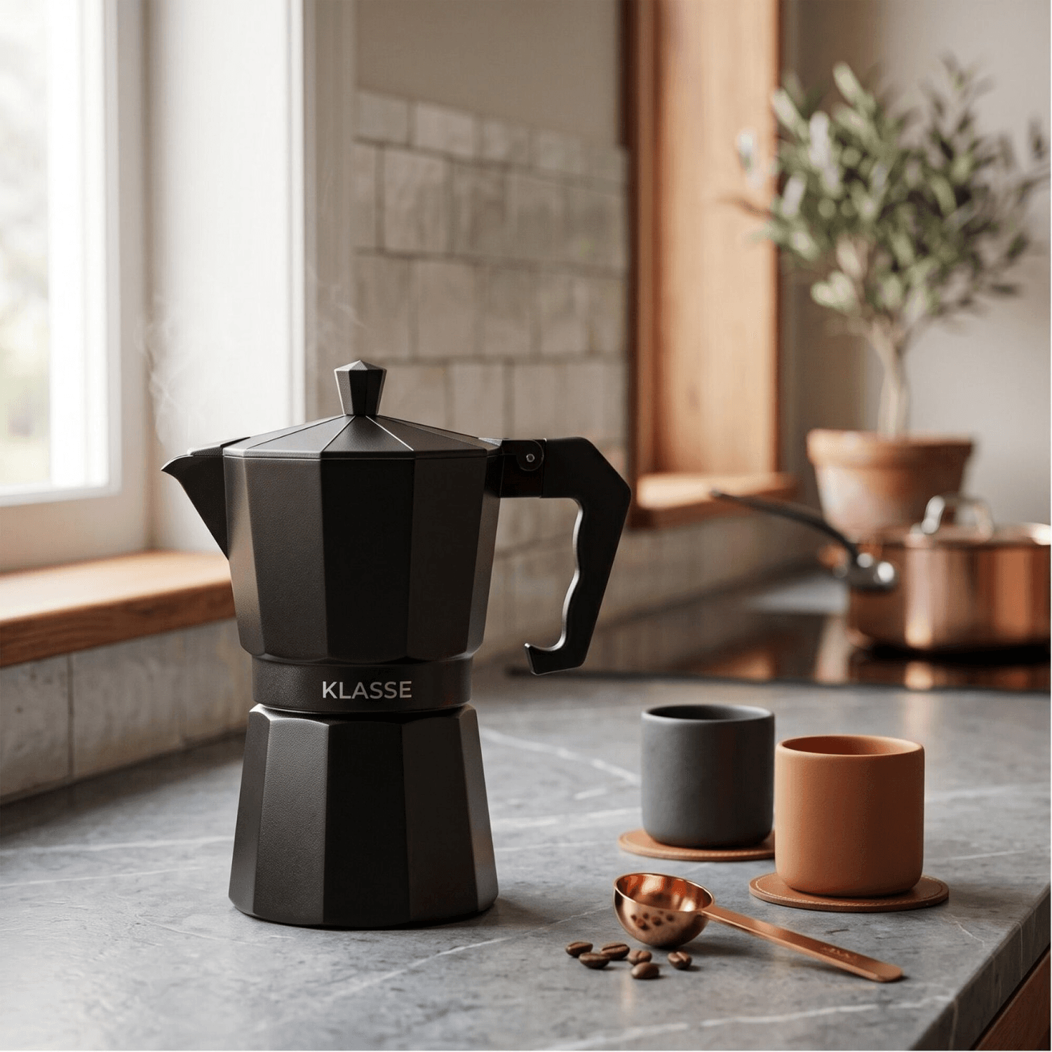 Cafetera moka negra Klasse KS3705 junto a dos pocillos sobre una mesada