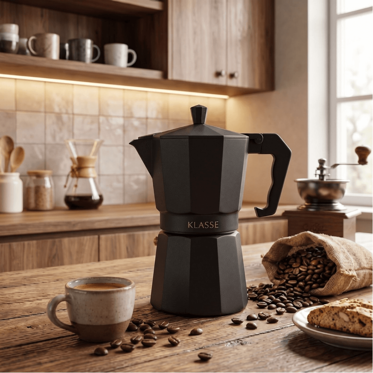 Cafetera italiana negra Klasse KS3705 con granos de café y una porción de torta