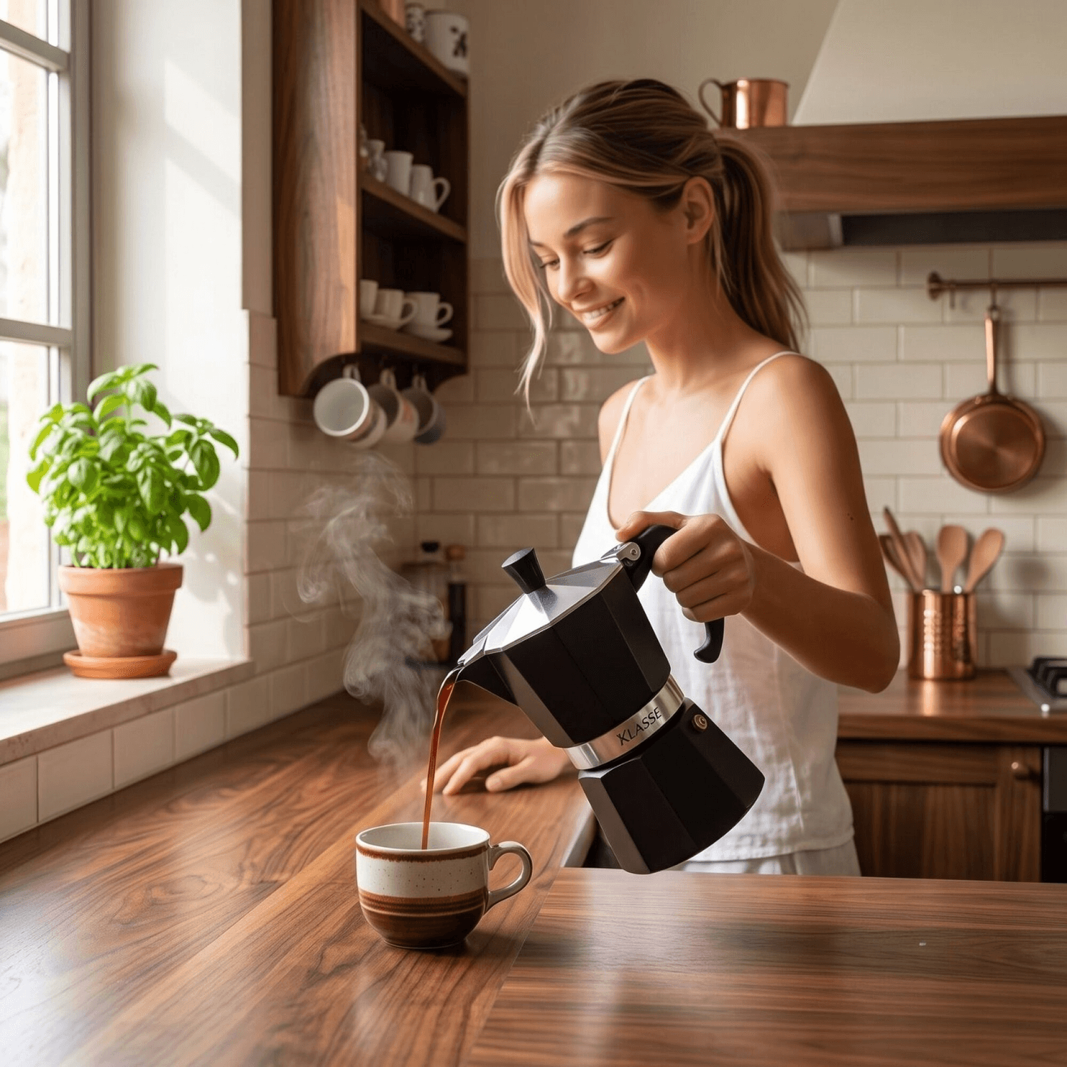 Sirviendo café de la cafetera italiana negra Klasse KS3706