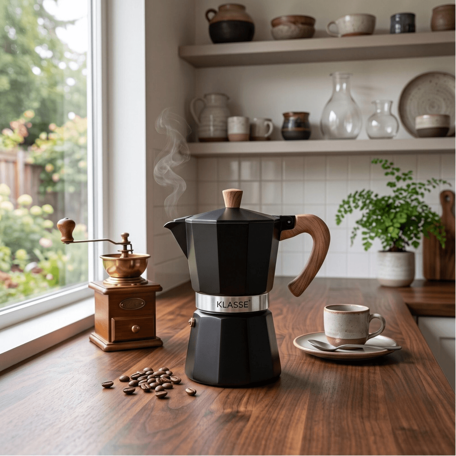 Cafetera moka Klasse KS3709 junto a un molinillo manual y una taza
