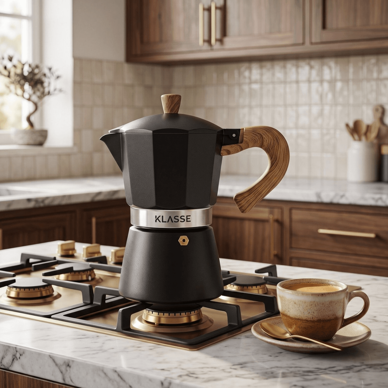 Cafetera italiana Klasse KS3709 sobre una hornalla de gas con una taza de café