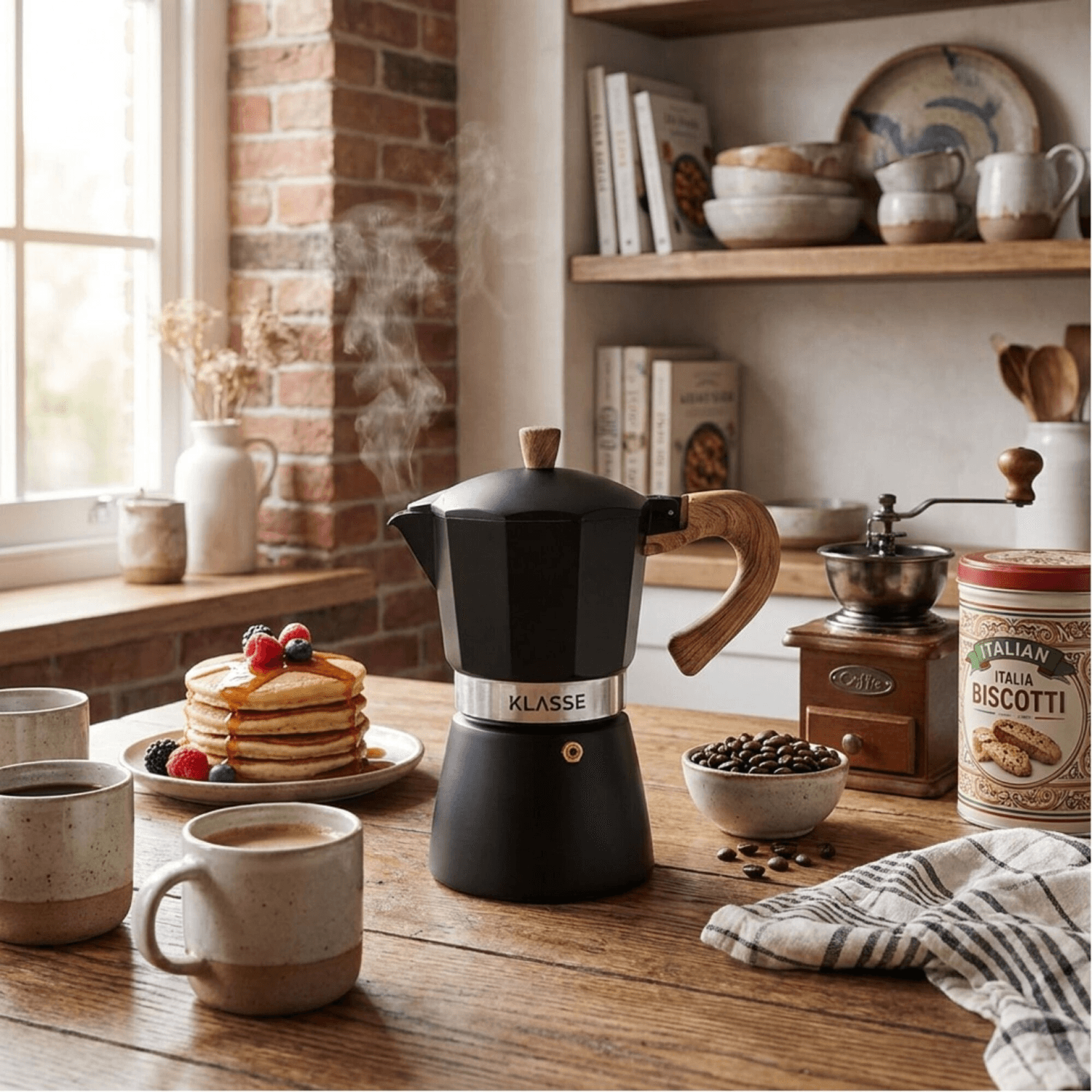 Cafetera italiana negra Klasse KS3709 con panqueques y café