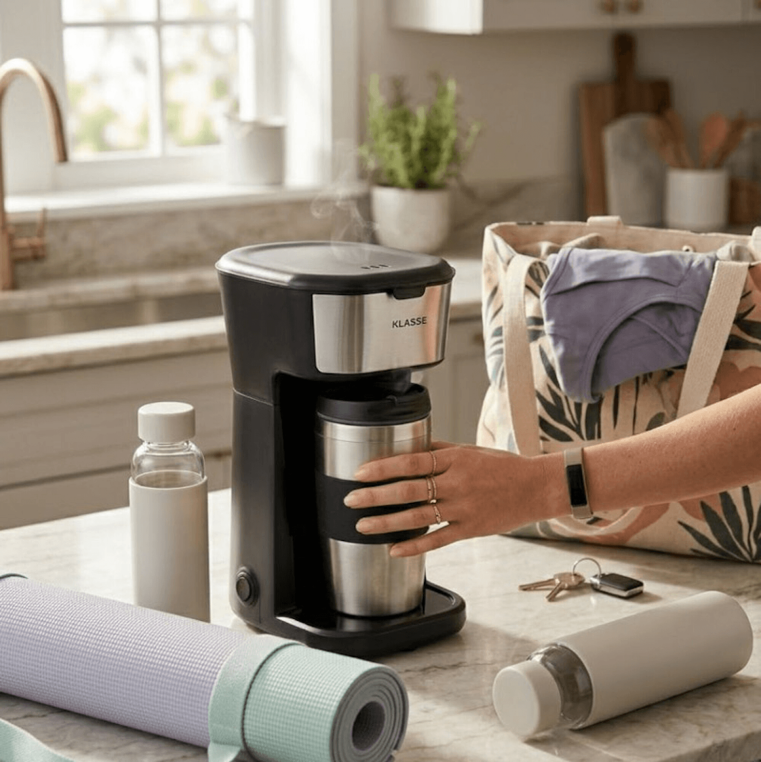Cafetera Klasse KS6001 junto a un bolso y botellas