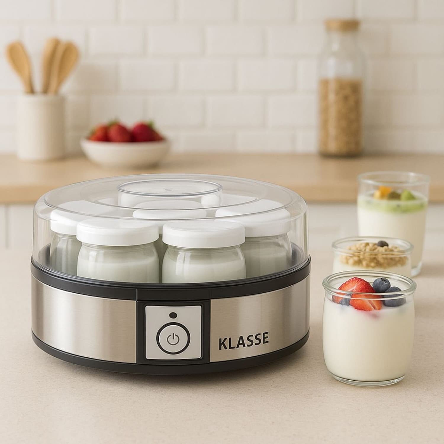 Yogurtera Klasse KS7001 con frascos de yogur servidos al lado