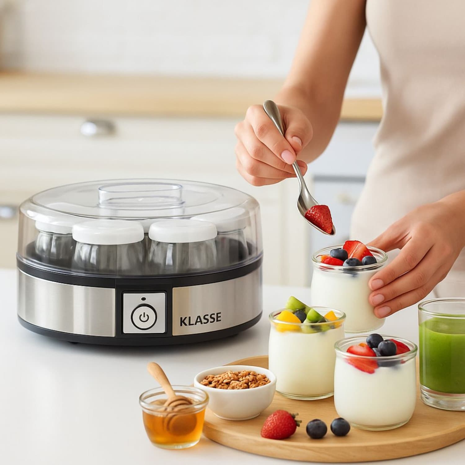 Persona sirviendo yogur con frutas de la yogurtera Klasse KS7001