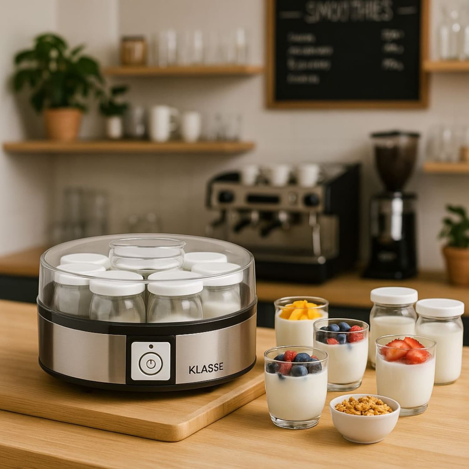 Yogurtera Klasse KS7001 en una cocina con vasos de yogur