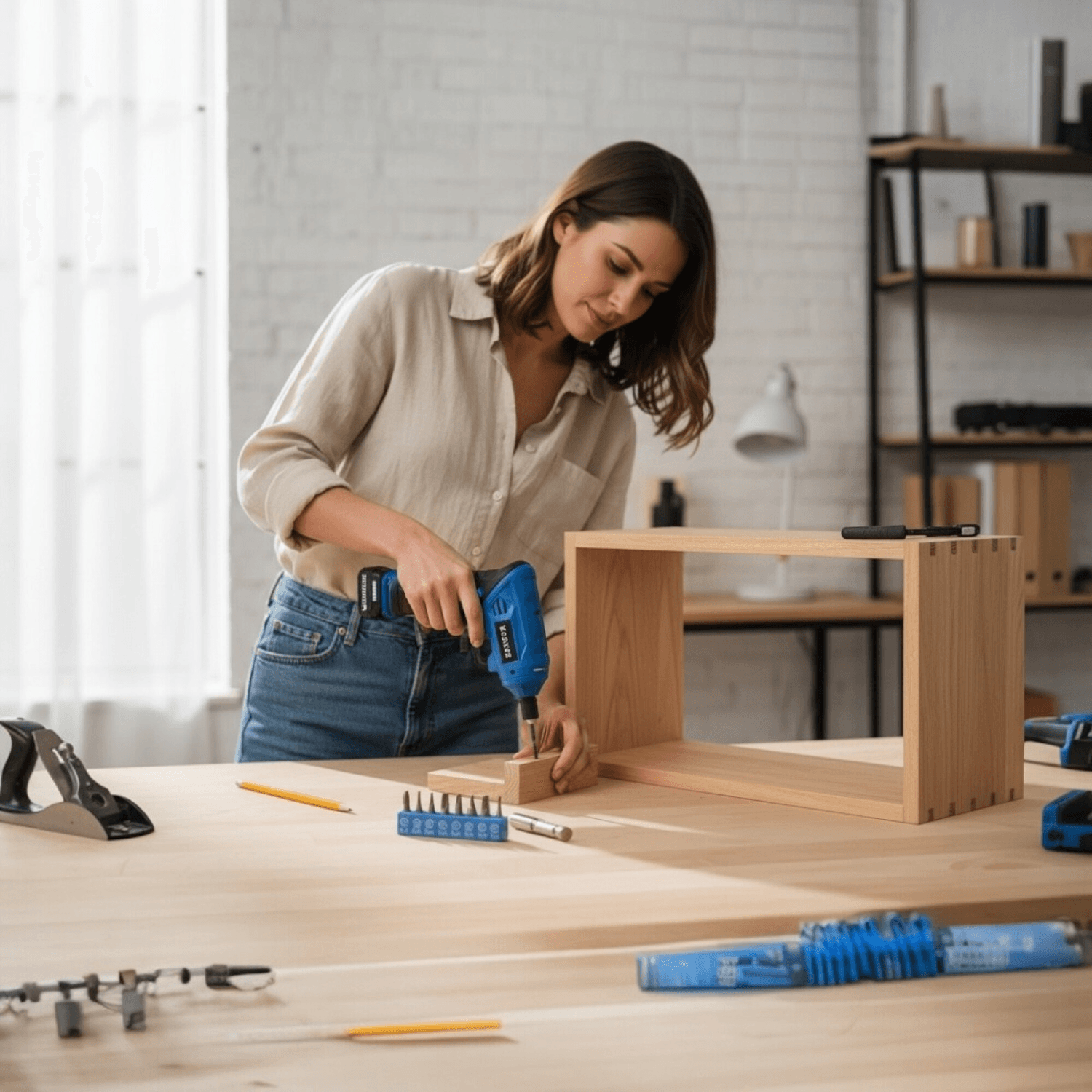 Atornillador Klasse KS7708 y puntas sobre una mesa de trabajo