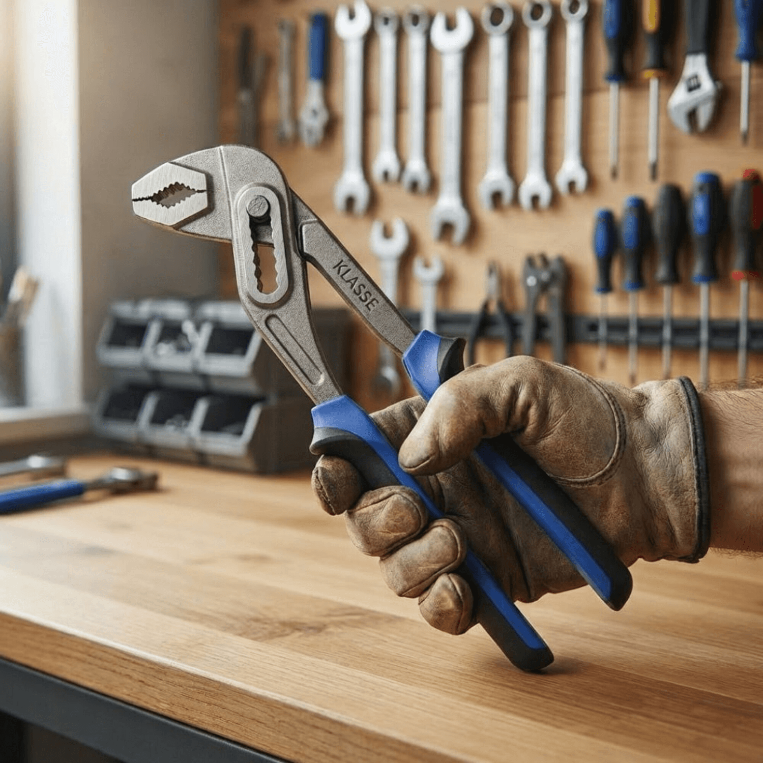 Pinza Klasse KS7709 en la mano con guante sobre mesa de taller