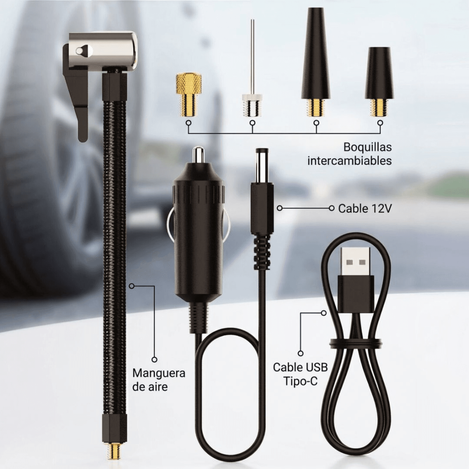 Accesorios del compresor Klasse KS7714: manguera, picos, cable de 12 V y cable USB Tipo-C