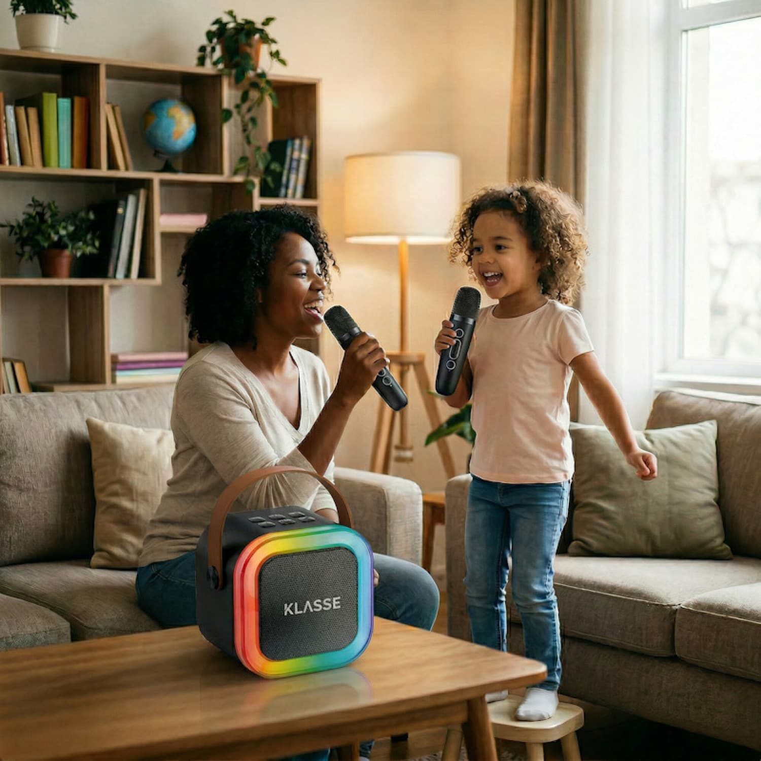 Madre e hija cantando con el parlante Klasse KS9002