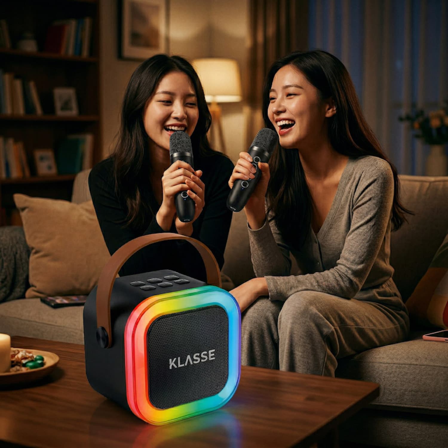 Dos personas cantando karaoke con el parlante Klasse KS9002