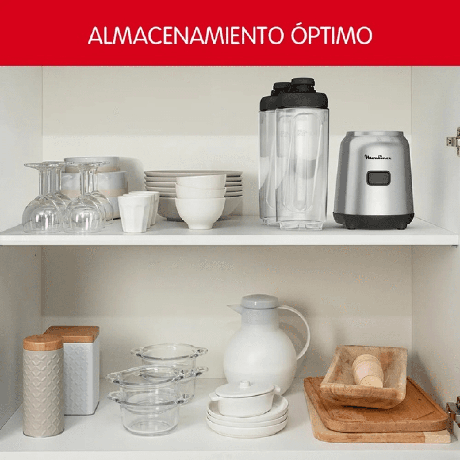 Licuadora personal Moulinex LM15FD10 guardada en una alacena