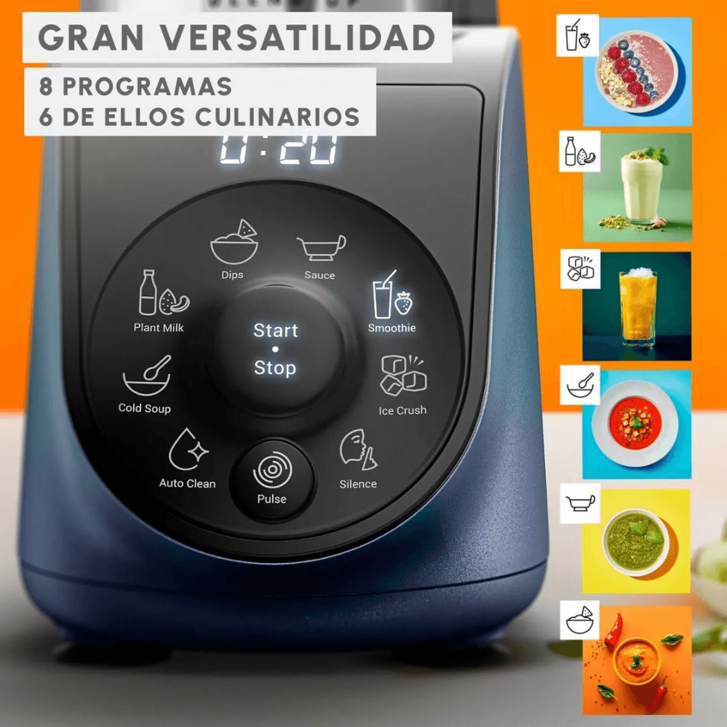 Panel con 8 programas de la licuadora Moulinex Blend Up LM19H4FO