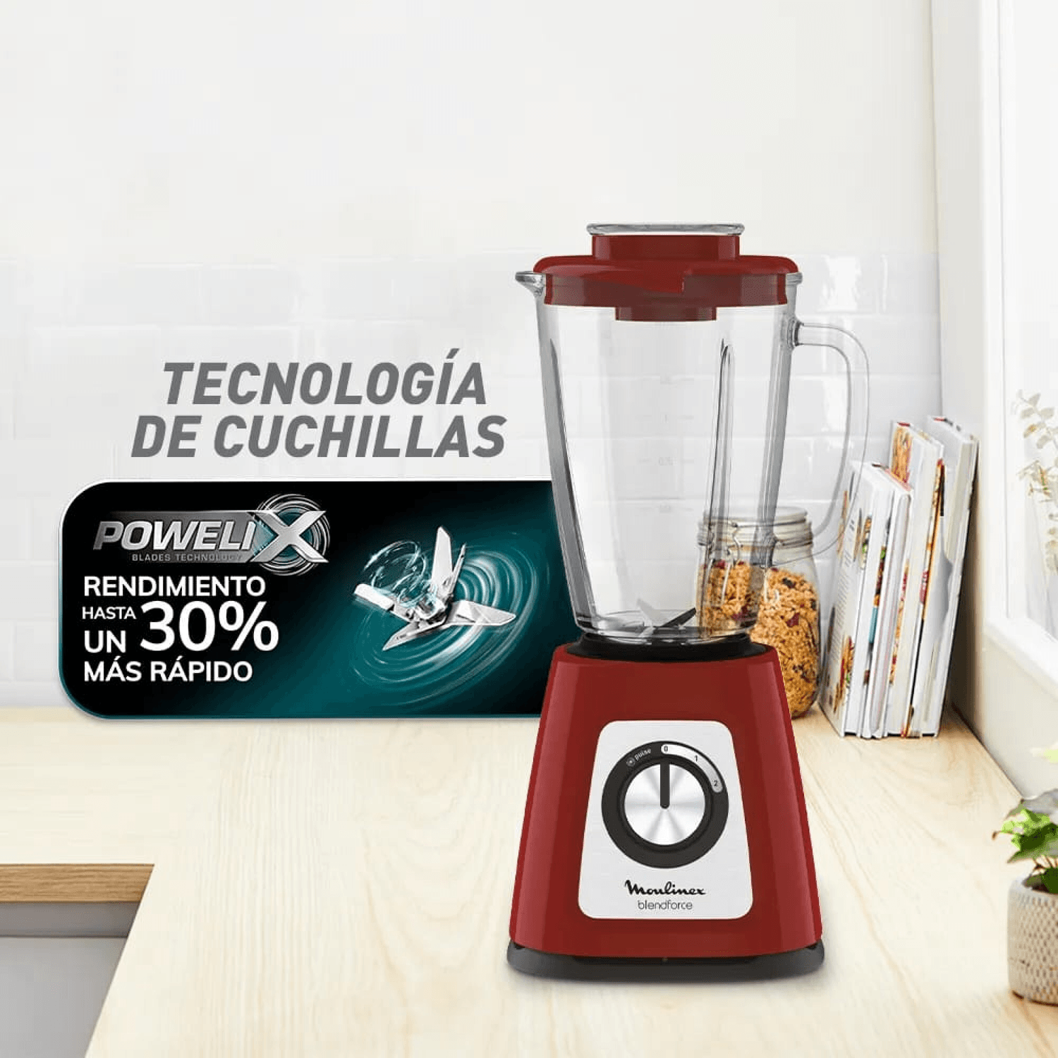 Licuadora Moulinex Blendforce LM430510 roja sobre una mesada