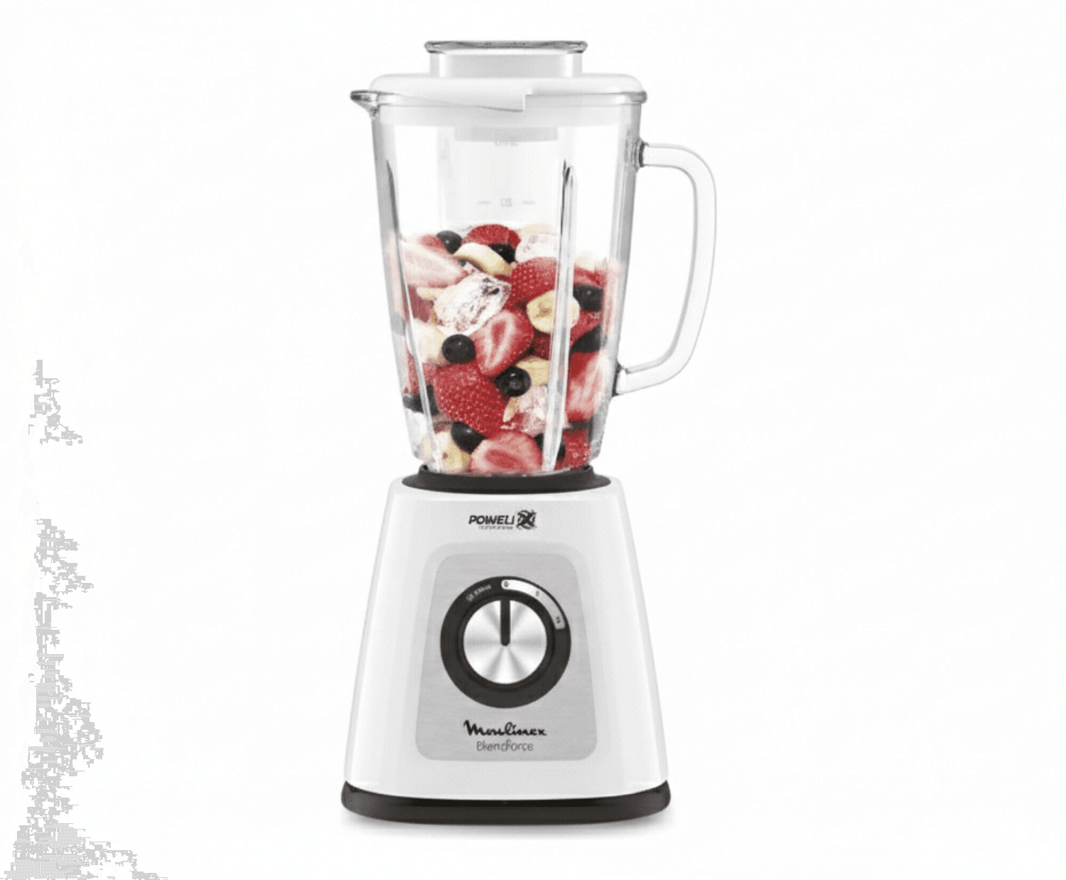 Licuadora Moulinex Blendforce LM435110 blanca con frutas dentro de la jarra