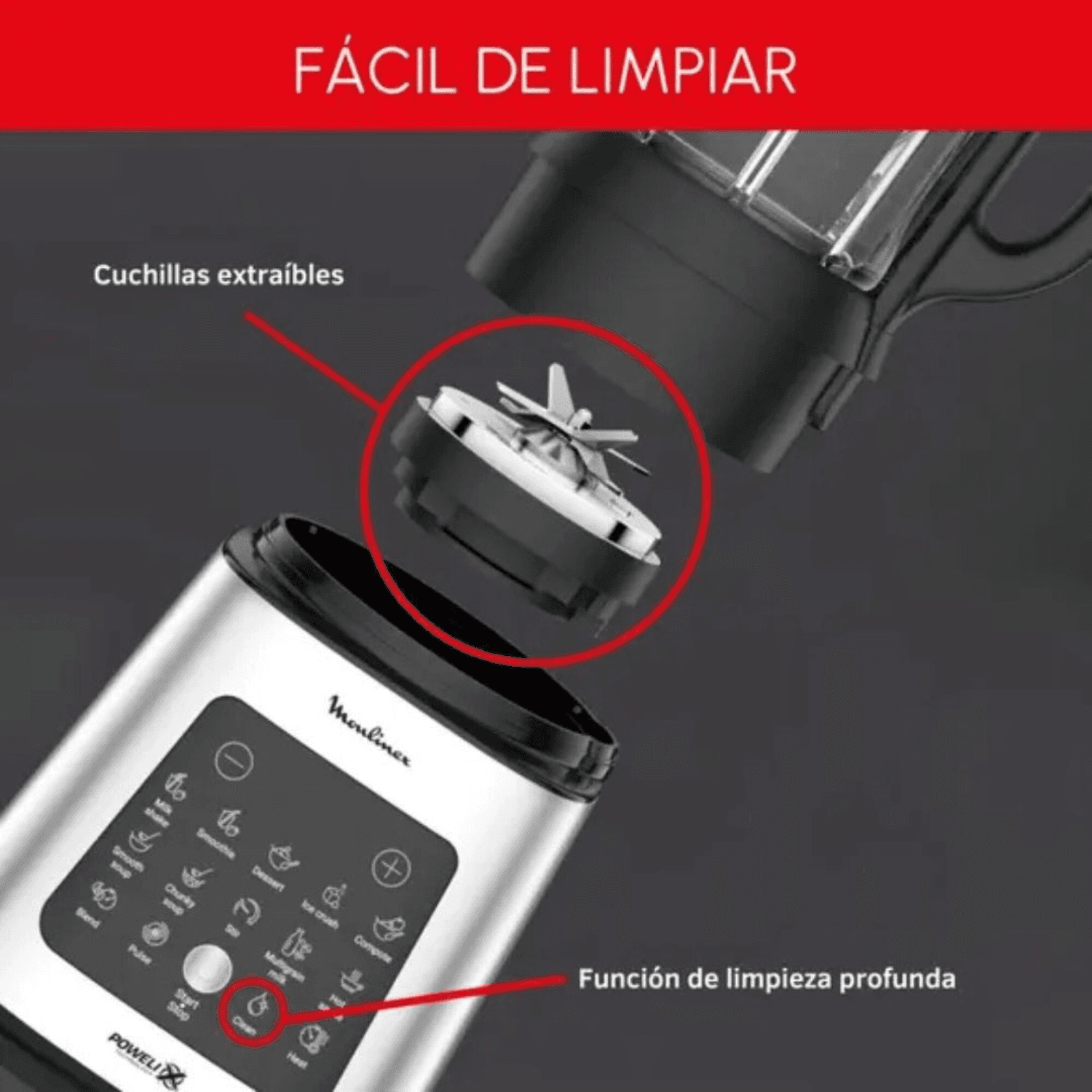 Cuchillas extraíbles y función de limpieza profunda de la licuadora Moulinex LM835D10