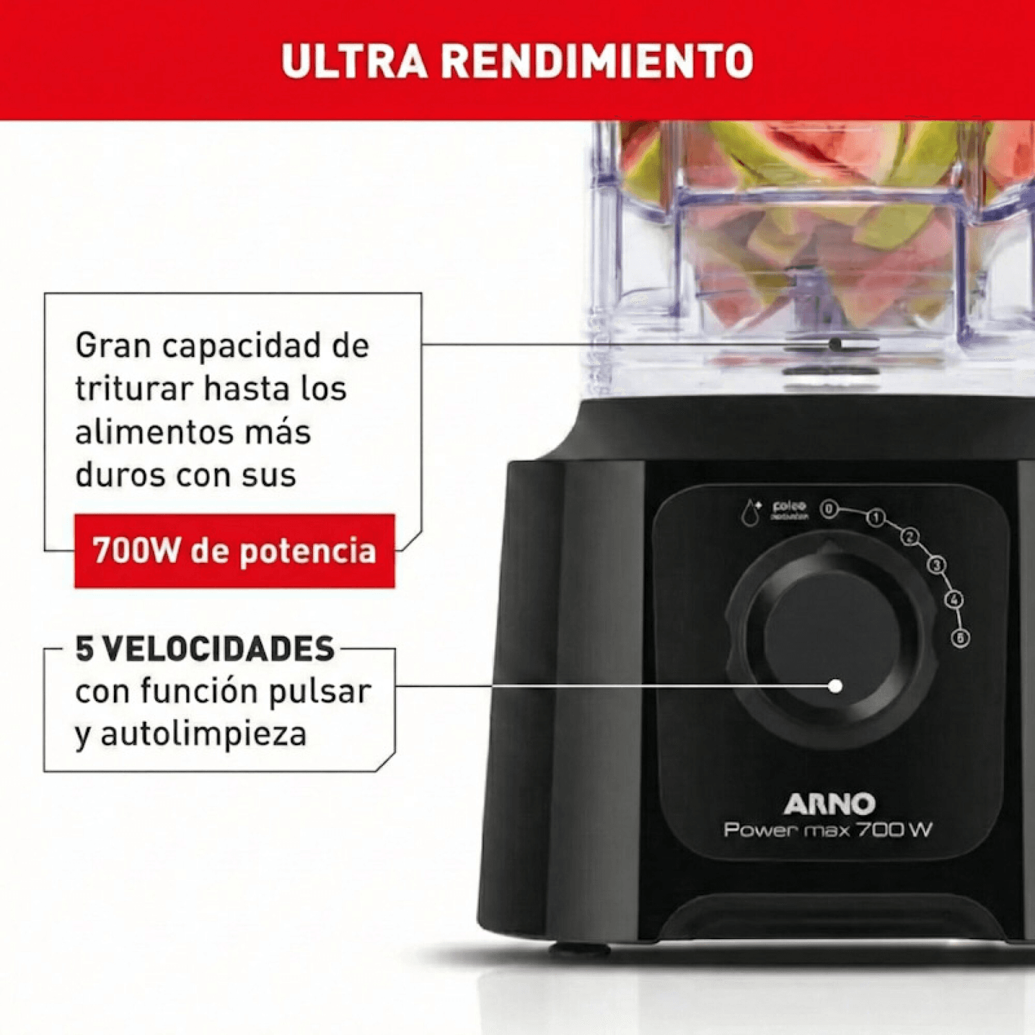 Frente de la licuadora Arno Power Max LN5508B2 con perilla de 5 velocidades