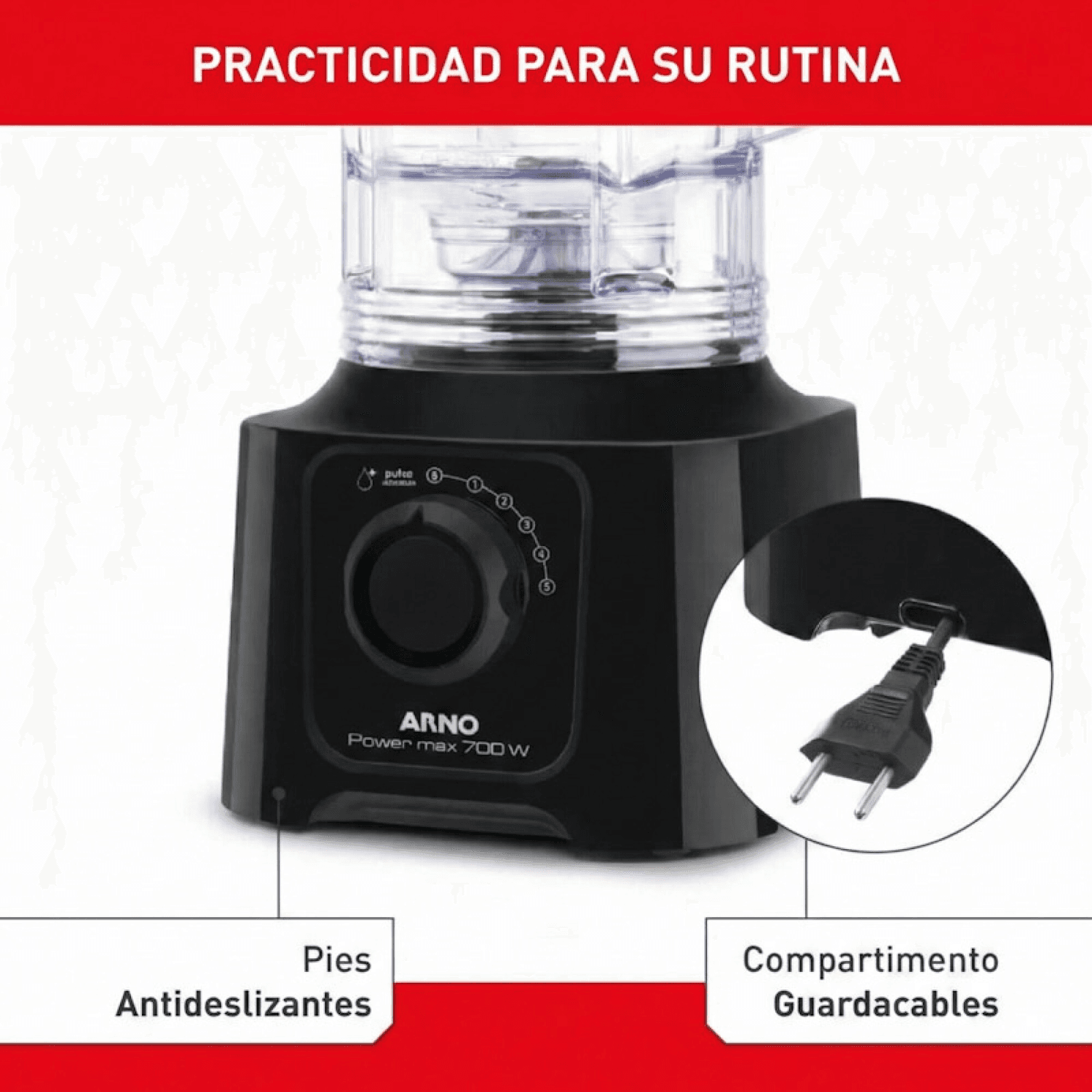 Base antideslizante y compartimento guardacables de la licuadora Arno LN5508B2