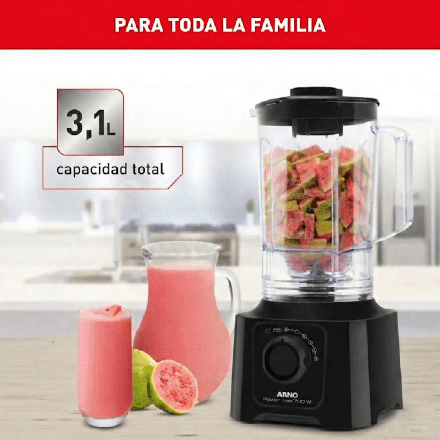 Licuadora Arno Power Max LN5508B2 con jugo de guayaba