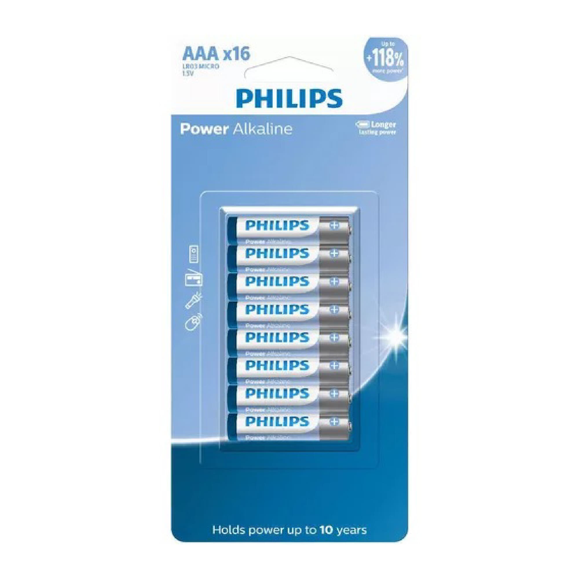 Pilas alcalinas AAA Philips LR03P16B77, pack de 16 unidades