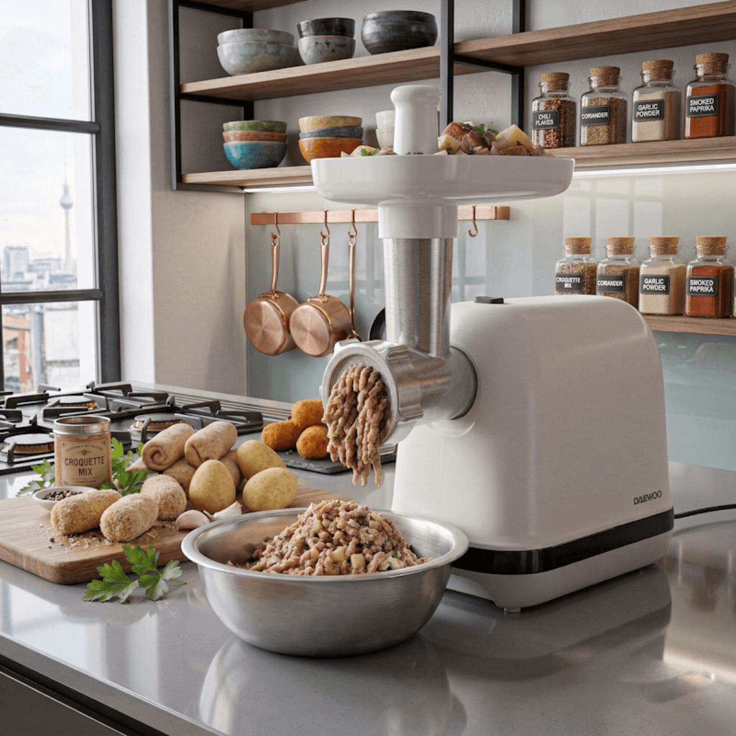 Picadora Daewoo MG5121 en una cocina con carne picada