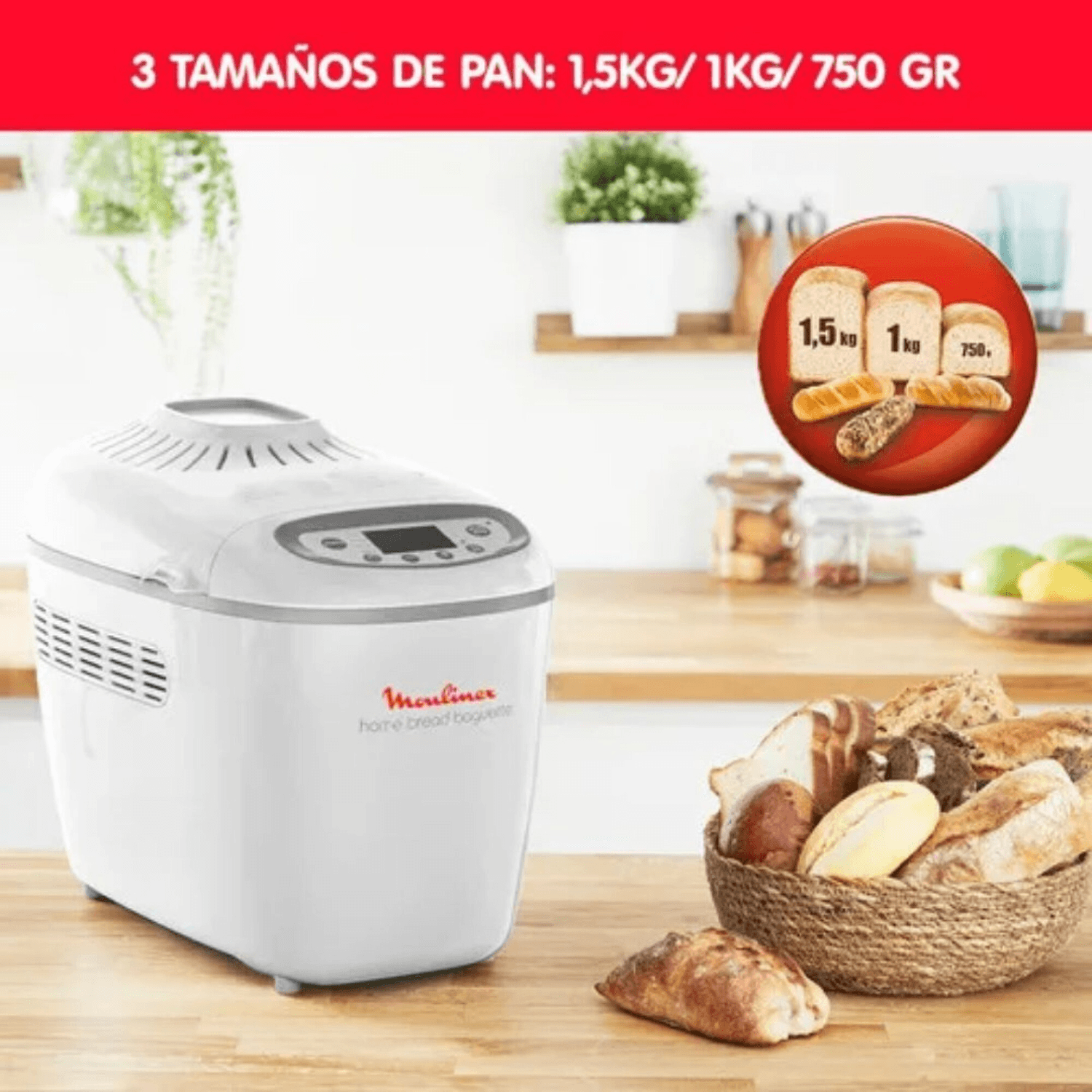 Panificadora Moulinex OW610110 con panes sobre la mesada