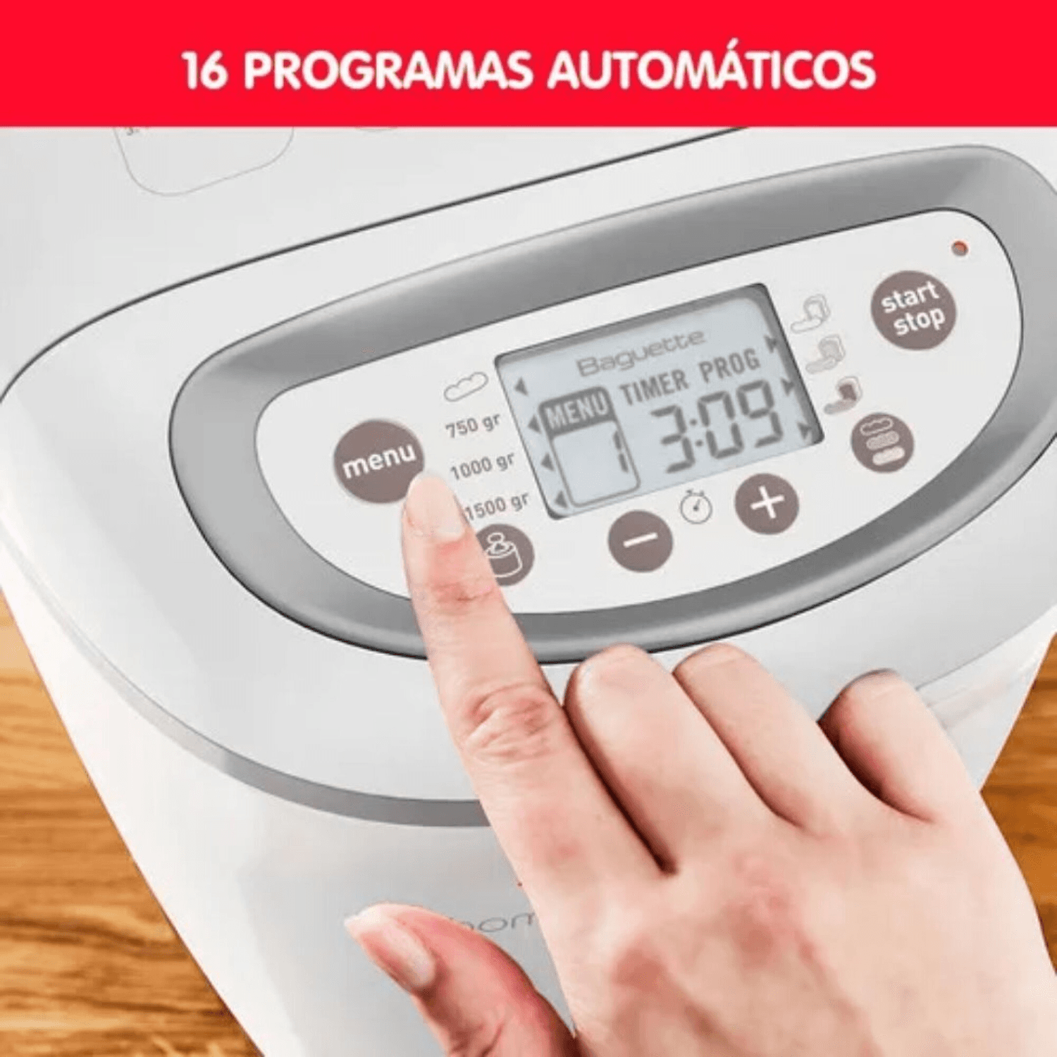 Panel digital de la panificadora Moulinex OW610110 con programa Baguette