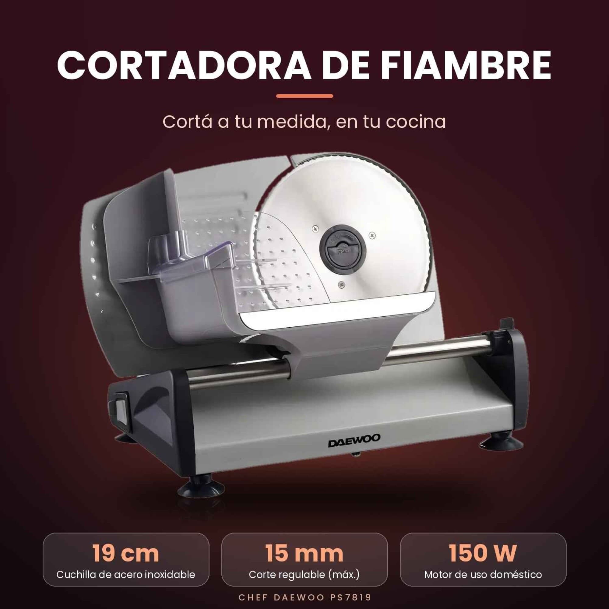 Cortadora de fiambre Daewoo PS7819 con cuchilla de 19 cm, corte de 15 mm y 150 W