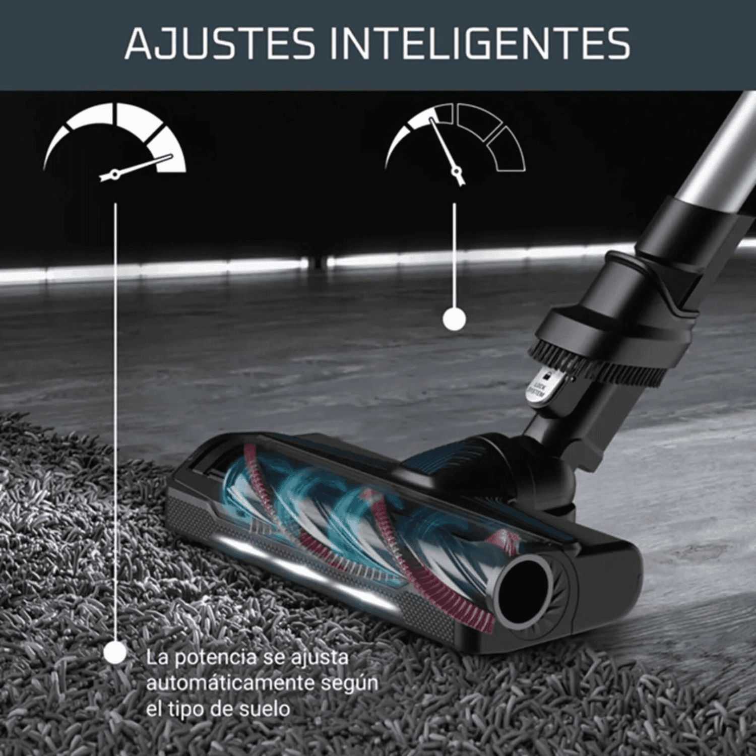 Cabezal con luces LED de la aspiradora Rowenta RH2087WO sobre una alfombra