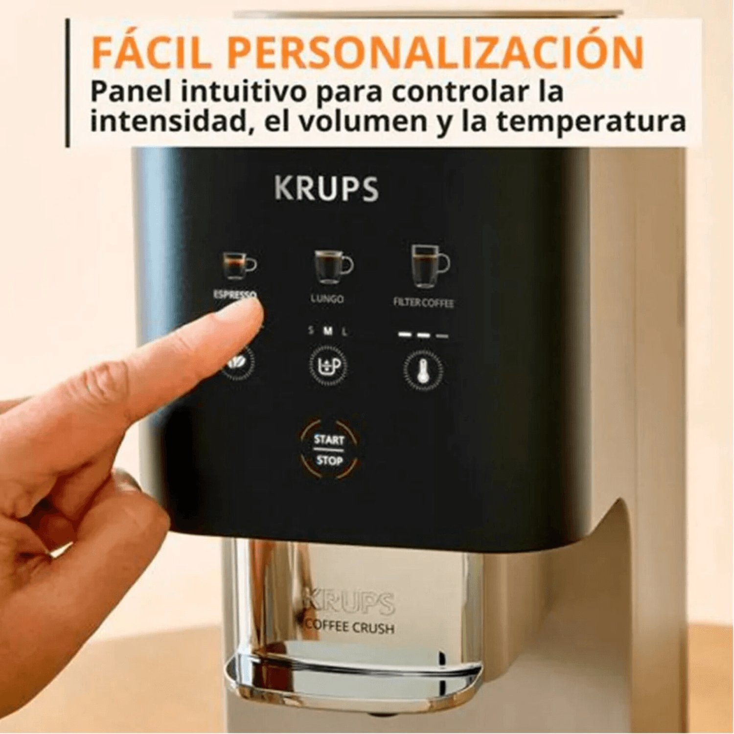 Panel de la cafetera Krups SA402AE0 con control de intensidad, volumen y temperatura