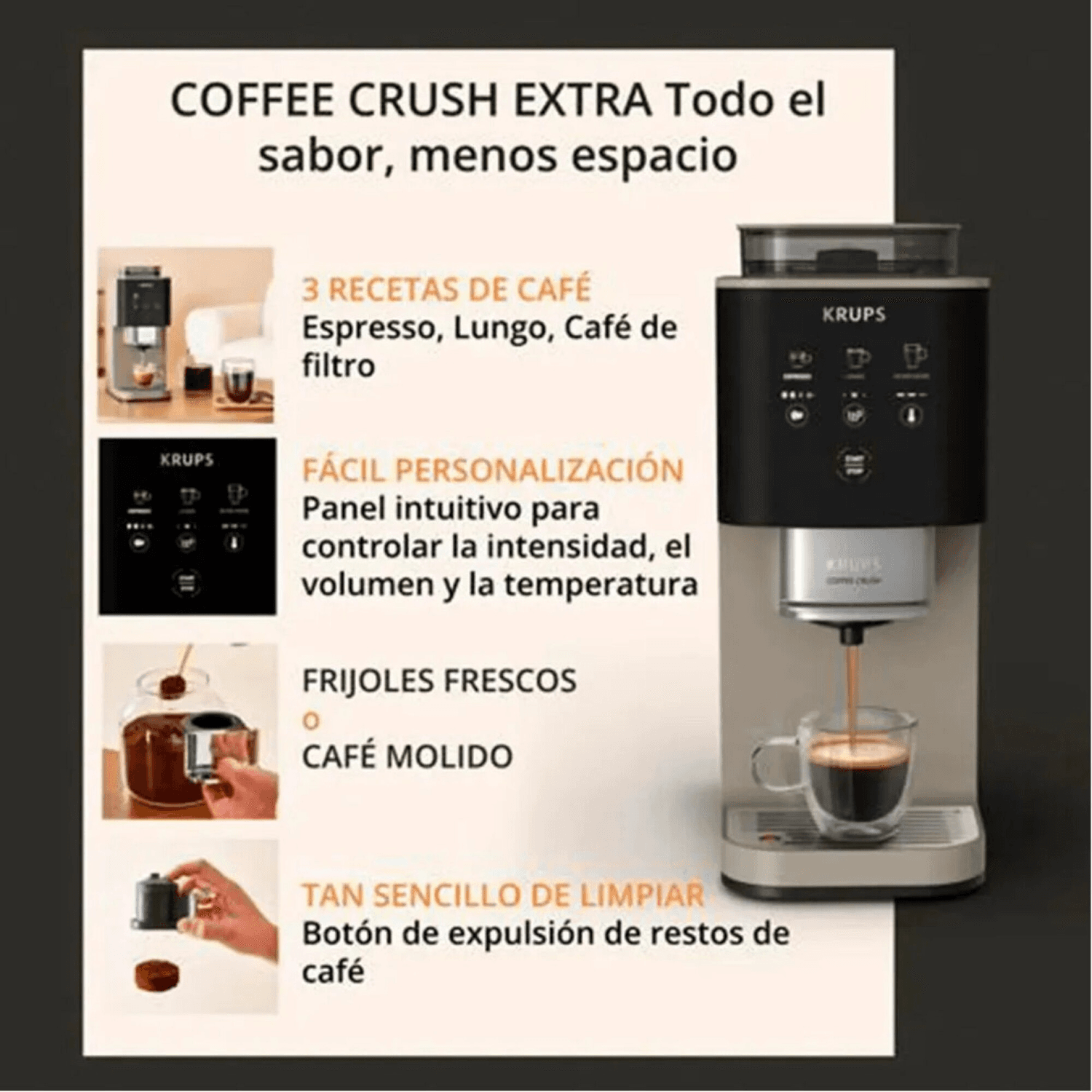 Cafetera Krups SA402AE0 con sus preparaciones y botón de expulsión de restos