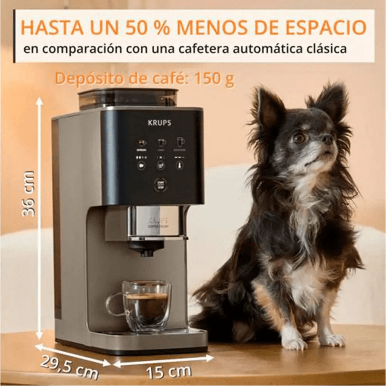 Medidas y depósito de café de la cafetera Krups SA402AE0