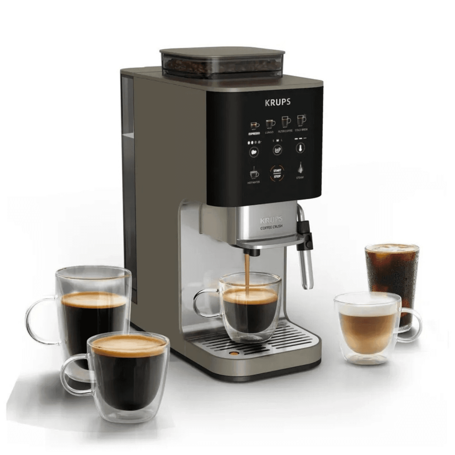 Cafetera automática Krups Coffee Crush Experience SA403BE0 con espumador y tazas de café