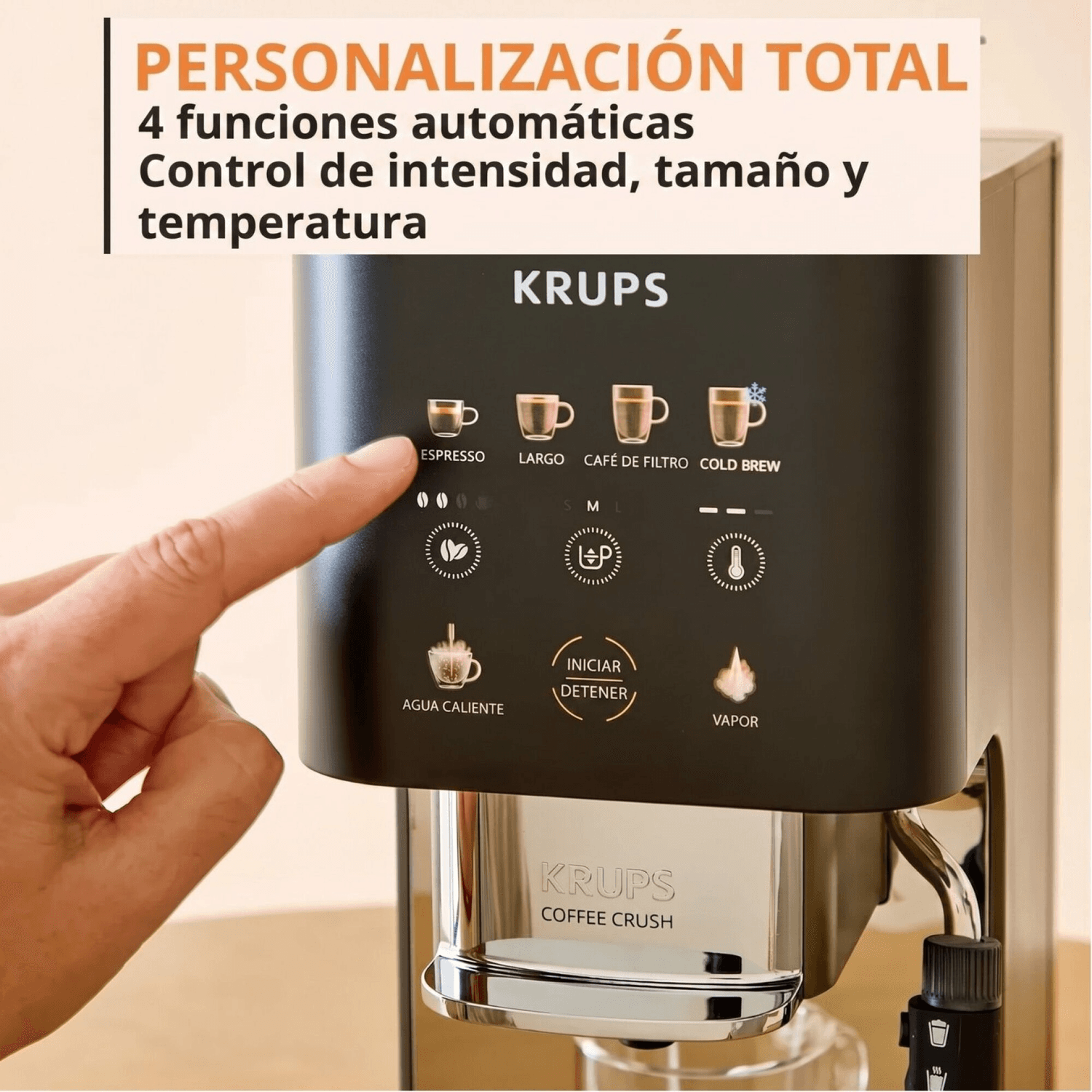 Panel de la cafetera Krups SA403BE0 con espresso, largo, café de filtro y cold brew