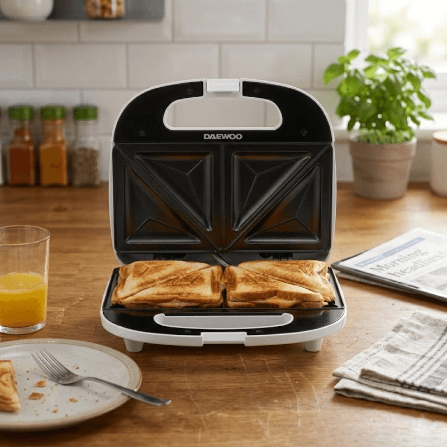 Sandwichera Daewoo SM8416 sobre la mesada con tostados y jugo de naranja