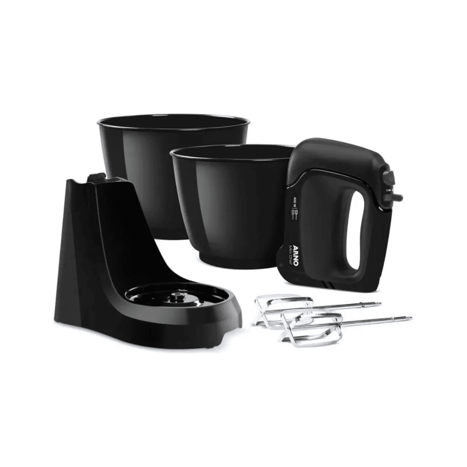 Batidora Arno SX1618B2 desmontada con pedestal, dos bowls y batidores