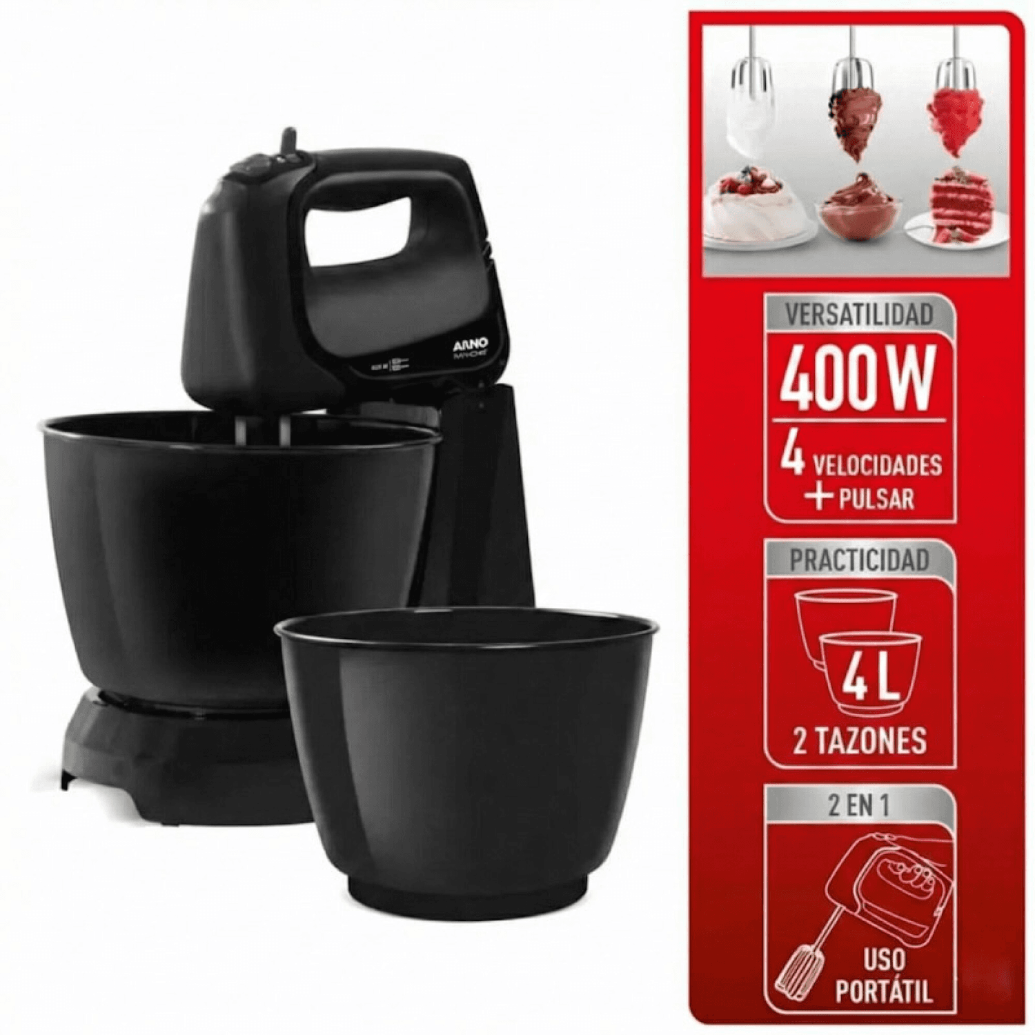 Batidora Arno SX1618B2 con pedestal y bowl, con las características indicadas