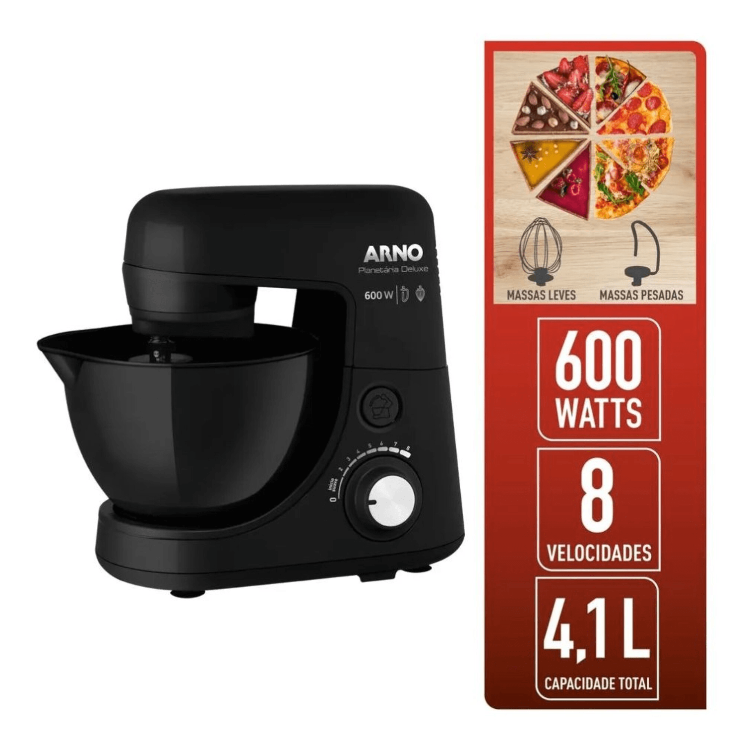 Batidora planetaria Arno SX4518B2 con detalle de potencia, velocidades y capacidad