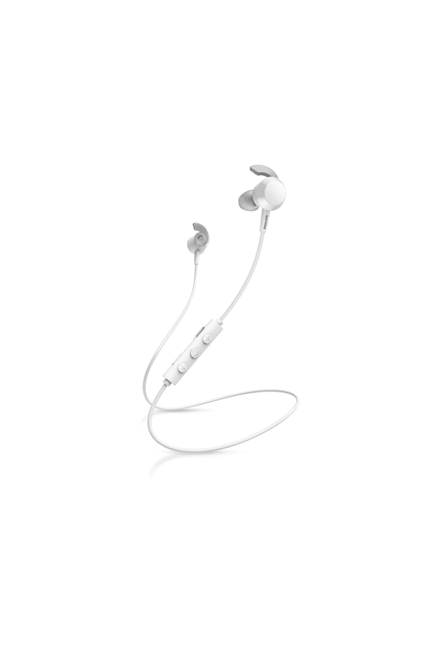 Auriculares Philips TAE4205WT/00 apoyados en el cuello