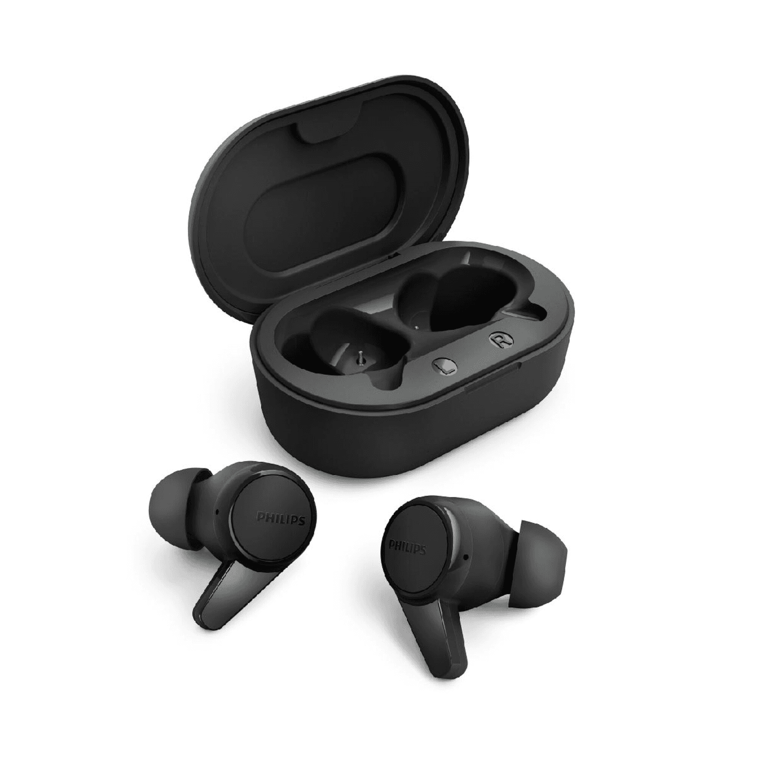 Auriculares Philips TAT1207BK/00 junto al estuche abierto