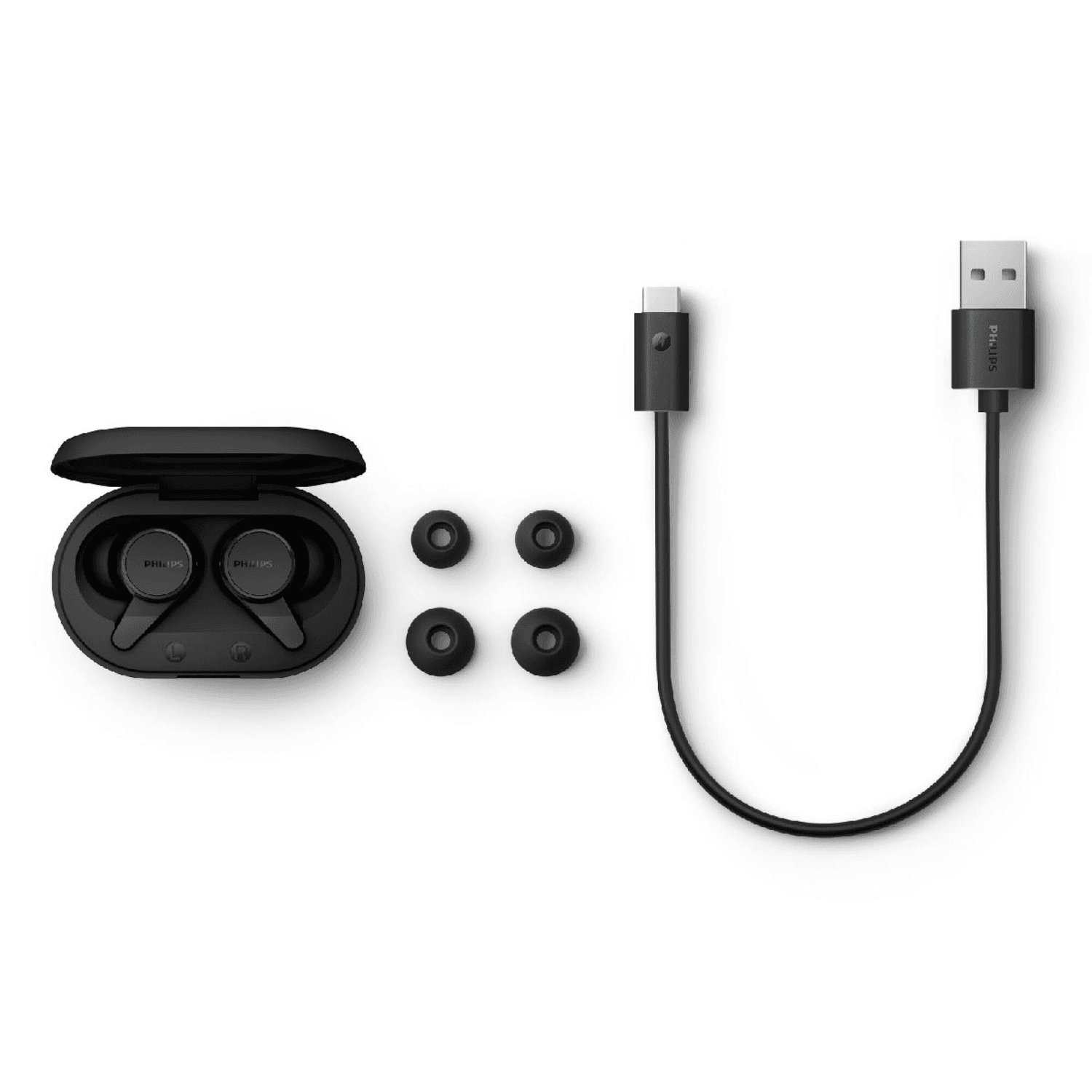 Estuche, almohadillas y cable de carga de los auriculares Philips TAT1207BK/00
