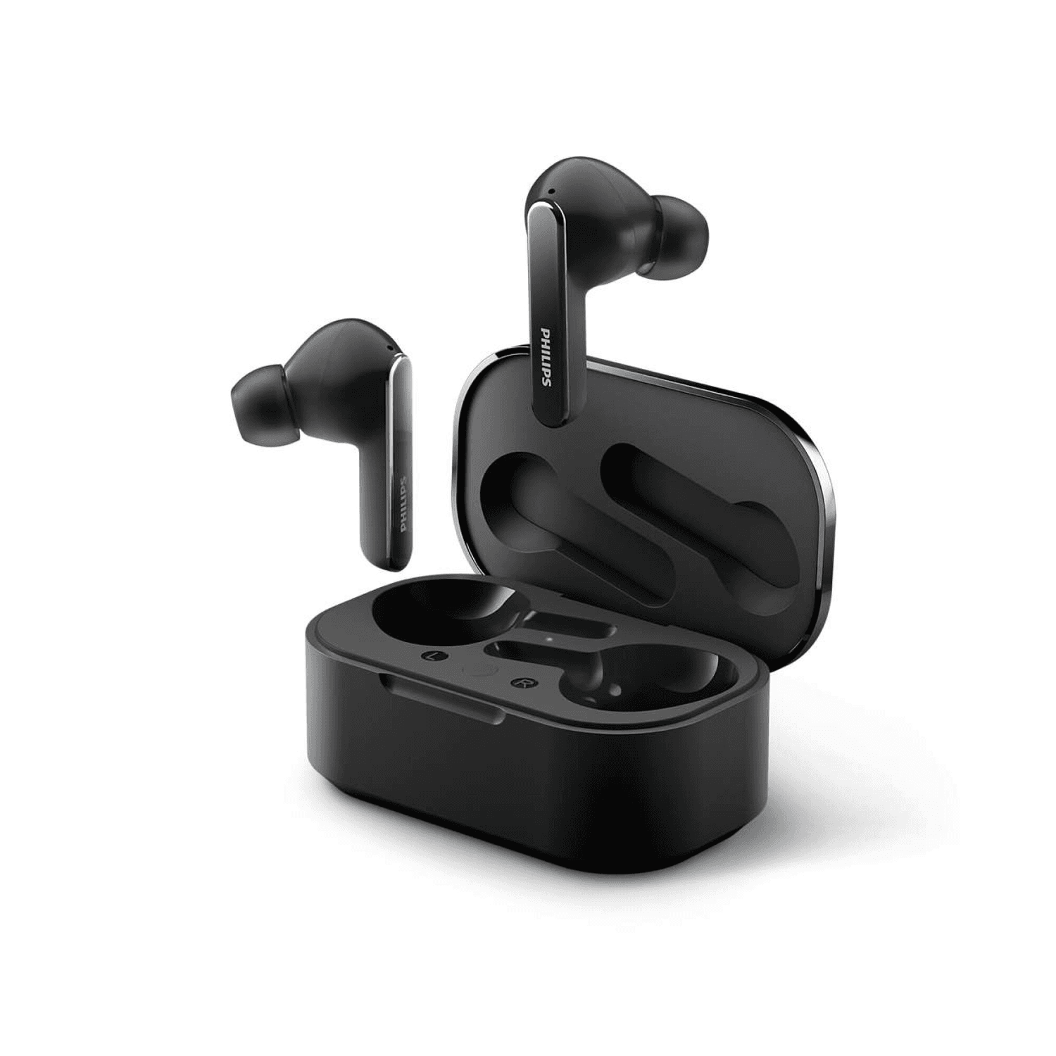 Auriculares Philips TAT5506BK/00 junto al estuche abierto