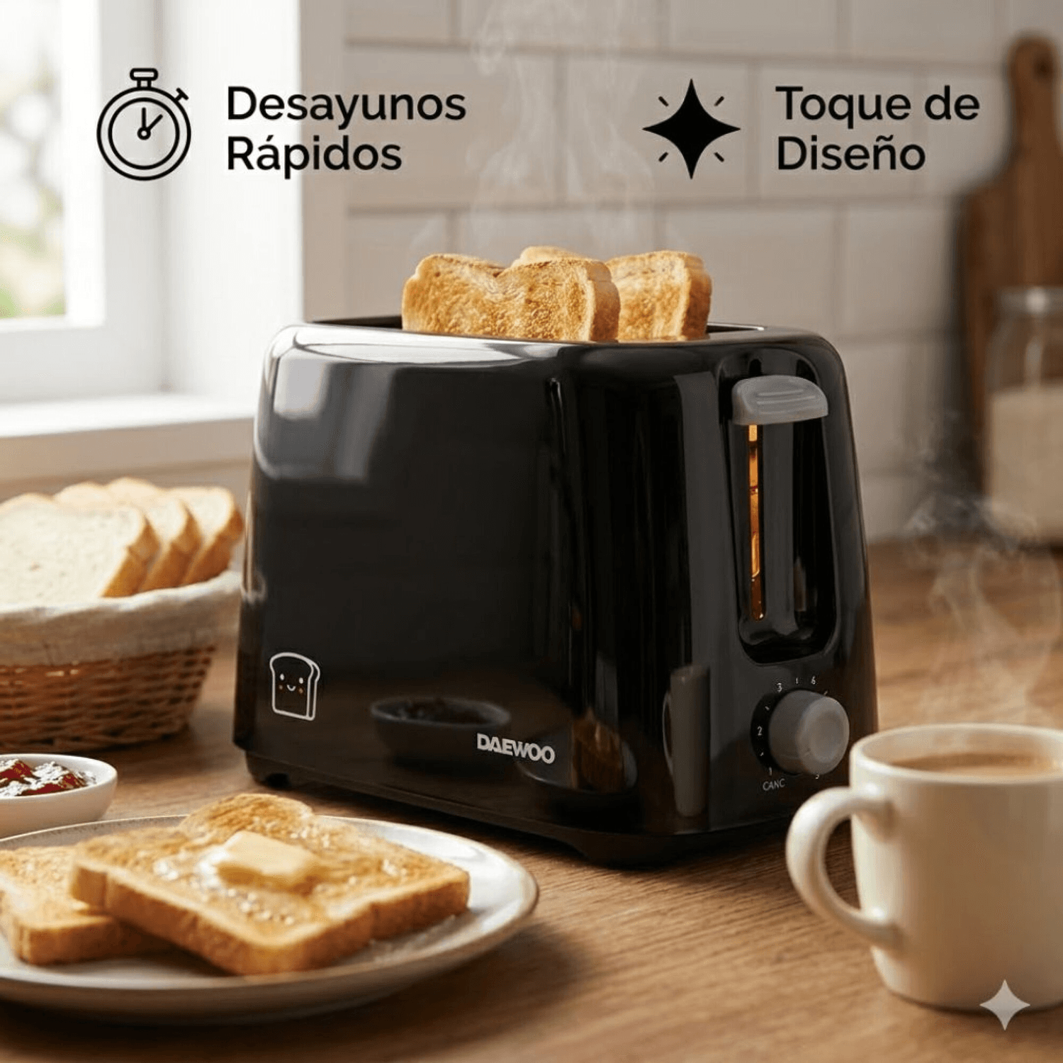Tostadora Daewoo TO8121B con tostadas, manteca y café