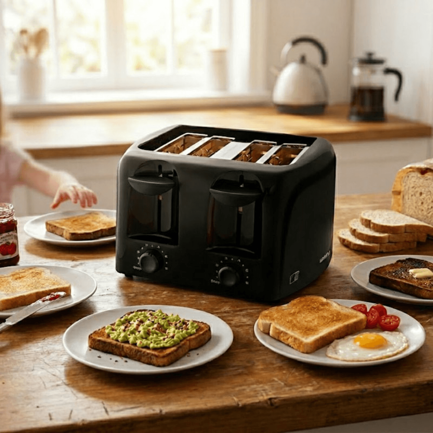 Tostadora Daewoo TO8221B sobre una mesa con desayuno