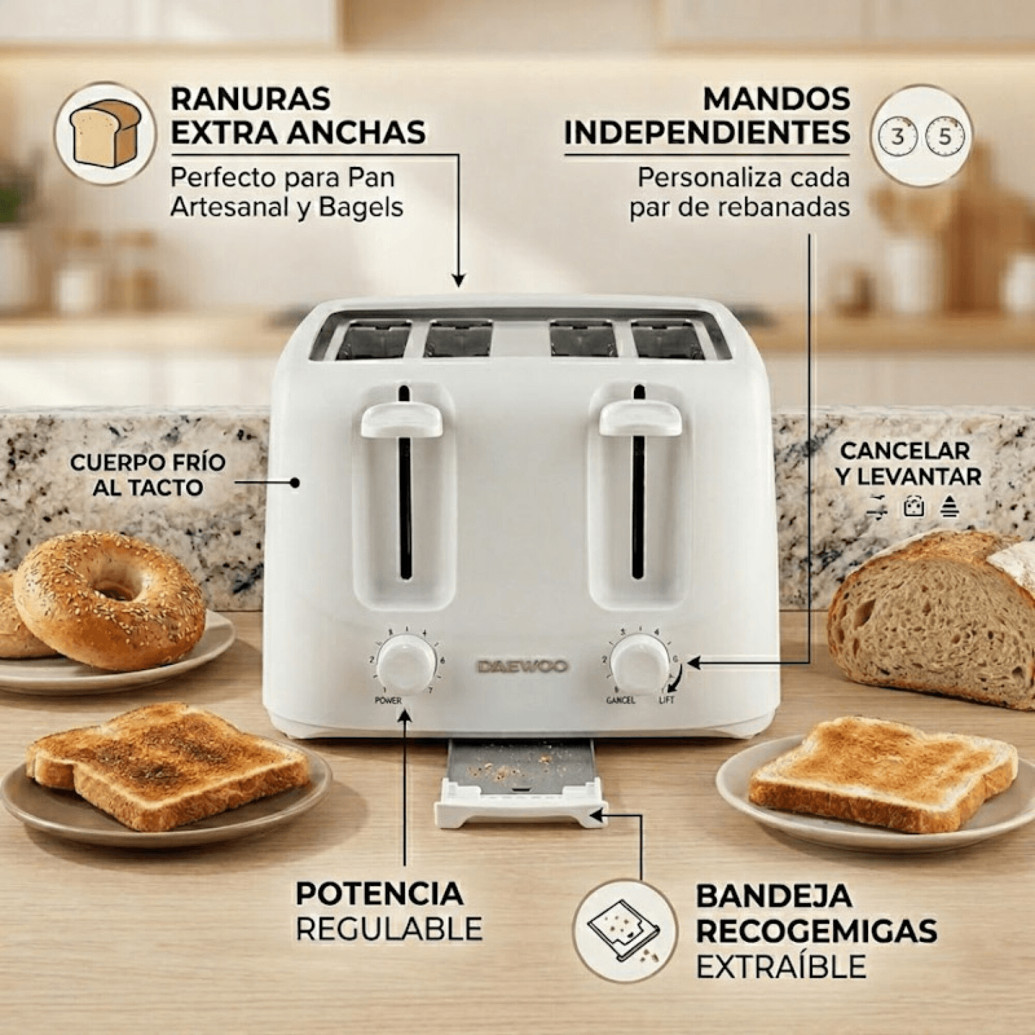 Tostadora Daewoo TO8221W con ranuras extra anchas y bandeja de migas