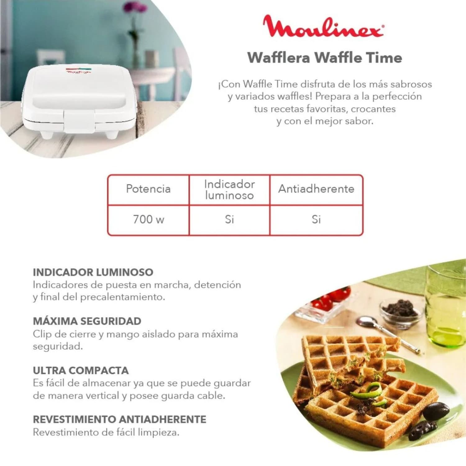 Infografía de la wafflera Moulinex Waffle Time de 700 W
